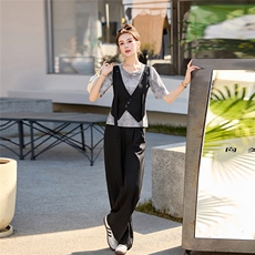 2025夏季新款气质通勤马甲套装女短袖显瘦阔腿裤两件套，女装套装/套裙，秀美人生