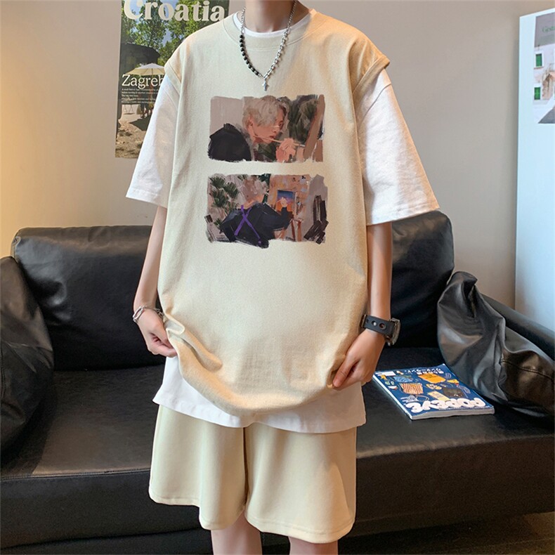 直播品质美式宽松纯棉背心无袖t恤短裤大码两件套套装TZ52-P58,男装T恤,电商A486