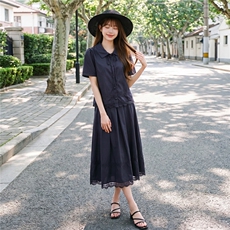 蕾丝拼接娃娃领系带上衣松紧腰半裙学院风套装女，女装套装/套裙，水衣源