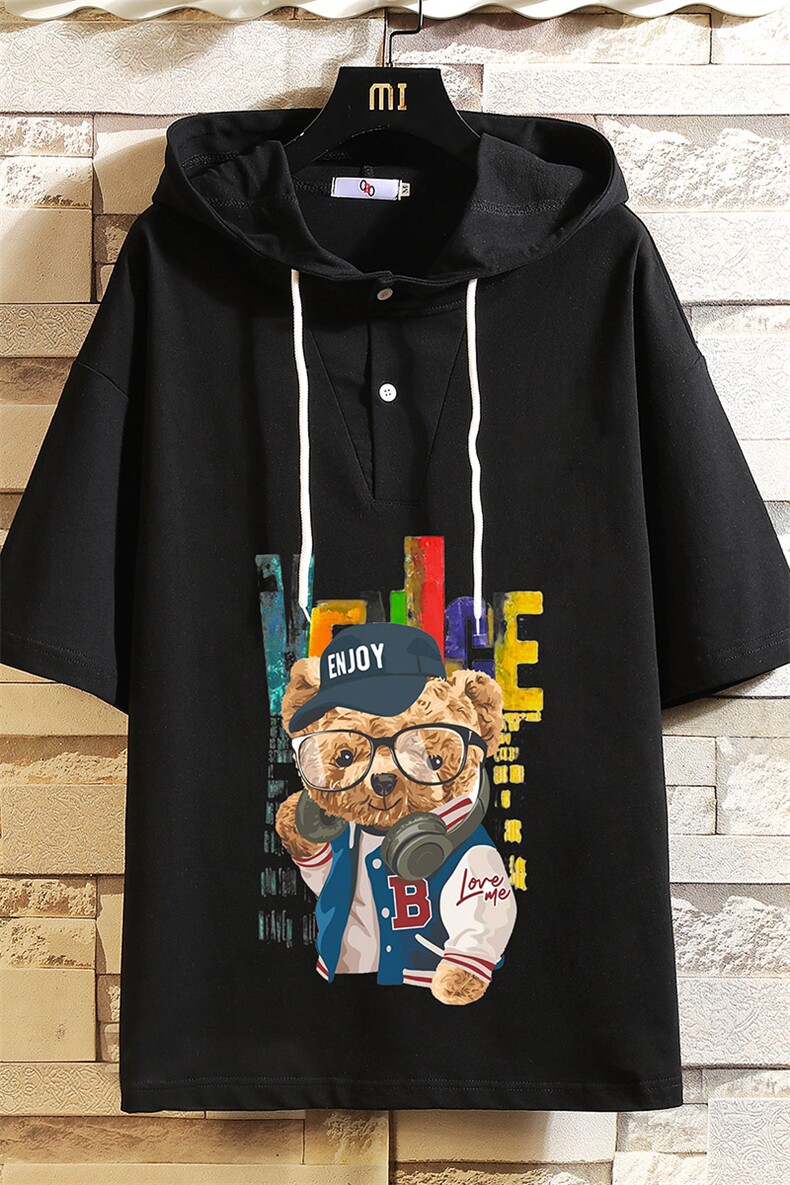 LD54211-P45连帽短袖t恤男大码胖子带帽五分袖中袖砖墙挂拍,男装T恤,电商A040A