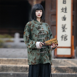 新中式风（蝴蝶）轻奢潮中式扎染植绒麻衬衫印花唐装男女款图片