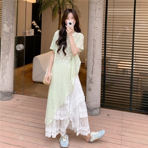 时尚套装气质显瘦短袖夏季长款白色收腰复古连衣裙蕾丝碎花法式图片