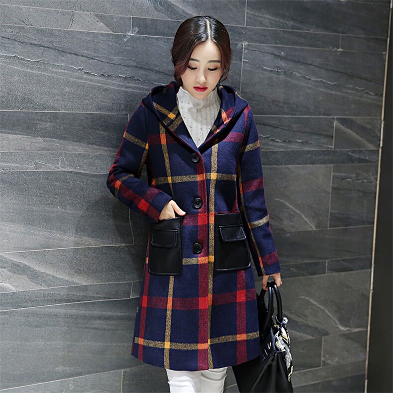 时尚格子羊毛大衣女中长款加厚显瘦连帽外套冬季新款气质百搭图片