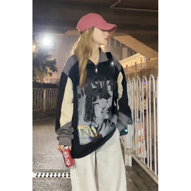 港风潮流文艺撞色卫衣个性设计拼接色时尚复古上衣HY484P55控78图片