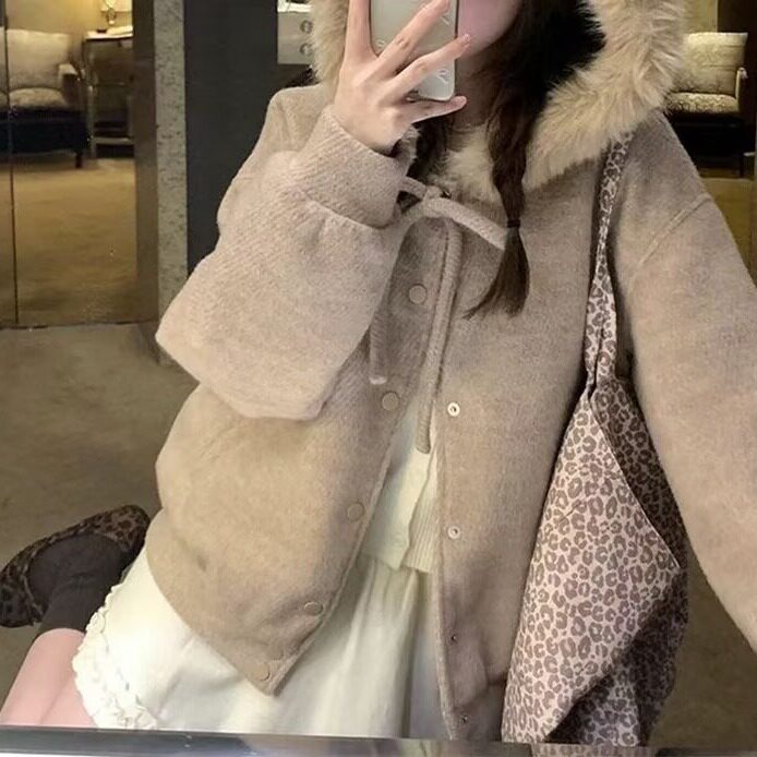 潮牌美式复古毛呢连帽女2025秋冬季宽松百搭拉链情侣高级感外套图片