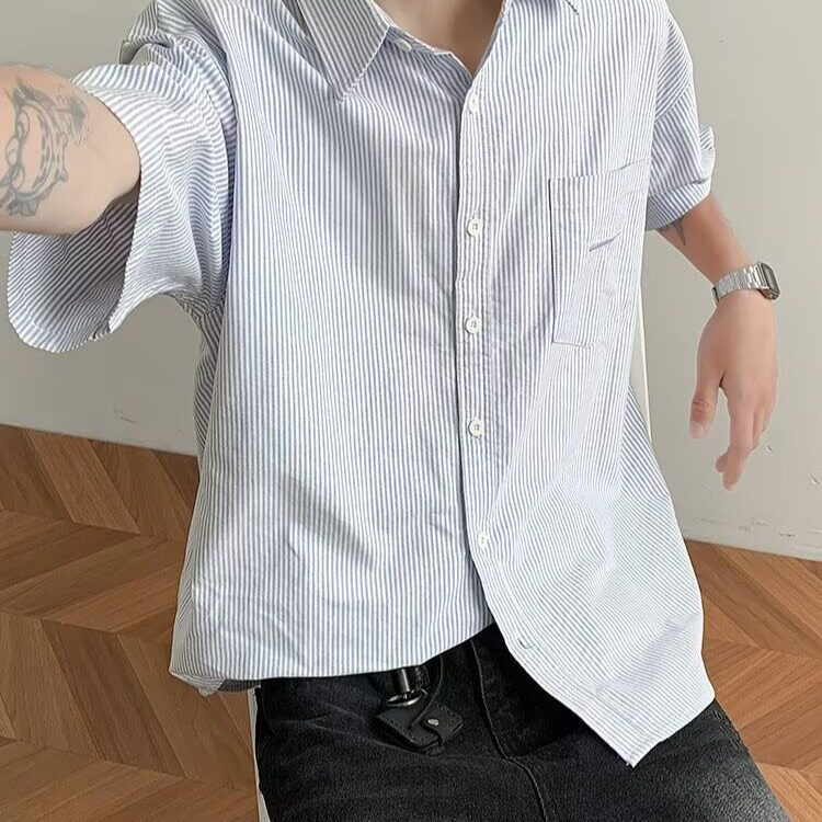 男装基础通勤少年感蓝条纹牛津纺衬衫工装休闲短袖衬衣CS2200P35,男装T恤,星座1013-1