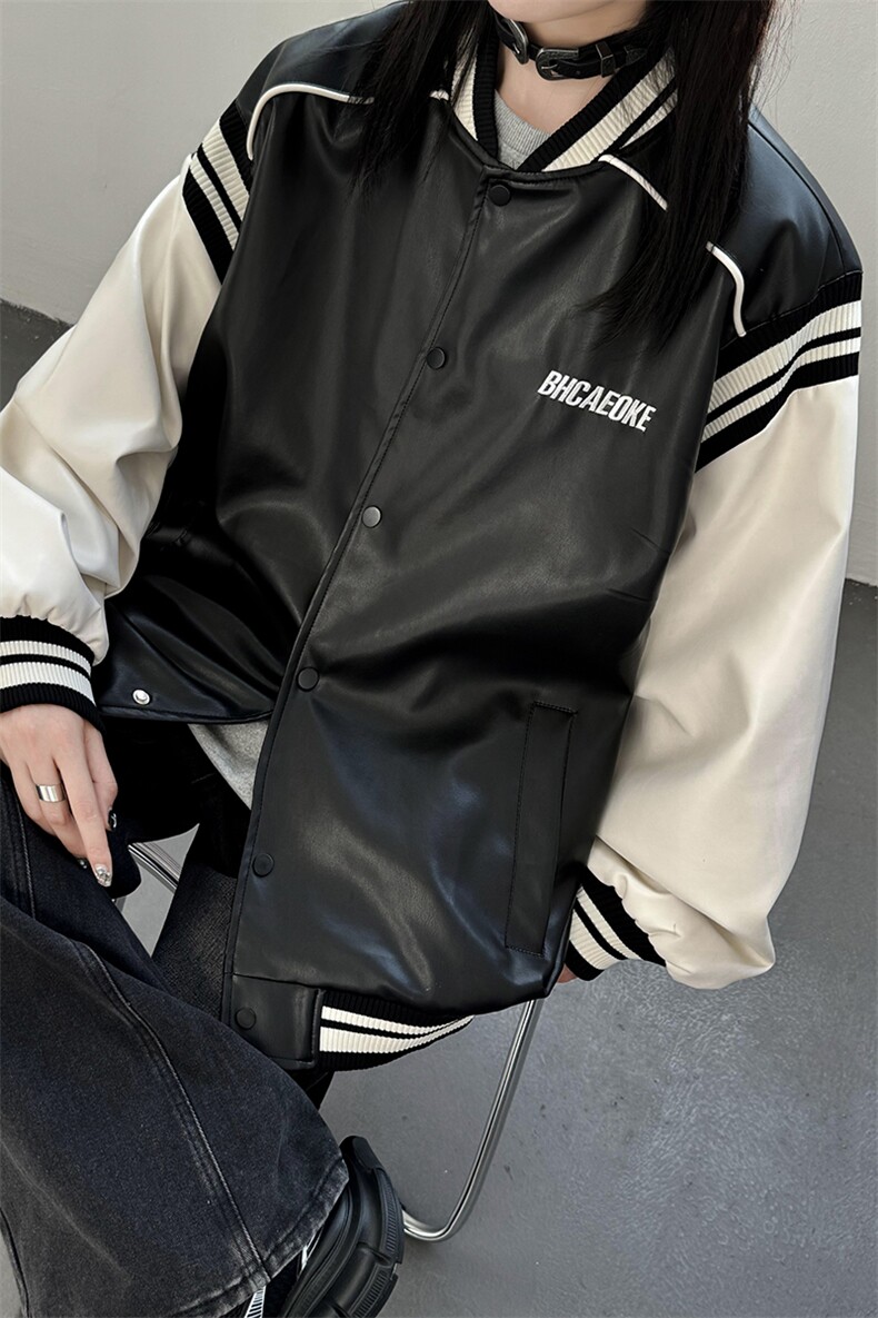 主推美式复古拼接罗纹pu棒球服情侣皮衣夹克外套男女G1094P108,男装夹克,电商A339