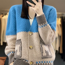 V领拼色100%纯羊毛开衫女秋冬加厚带兜针织外套宽松羊绒衫上衣，女装羊毛衫，蒙特羊绒