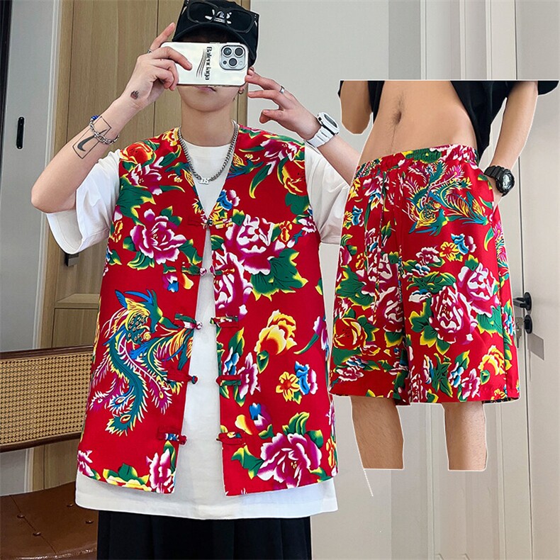 TZ02东北大花民族风风马甲短裤套装大码抖音网红同款汉服男女，男装休闲套装，星座115A(原星座507）
