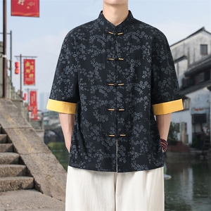 男士衬衫五分袖衬衣中袖印花立领唐装风 XZ1512-2551-P45图片