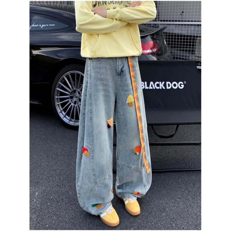 美式复古卡通毛巾刺绣牛仔裤男女设计感宽松裤春秋NK6-P55配腰带，男装牛仔裤，星座308B-2