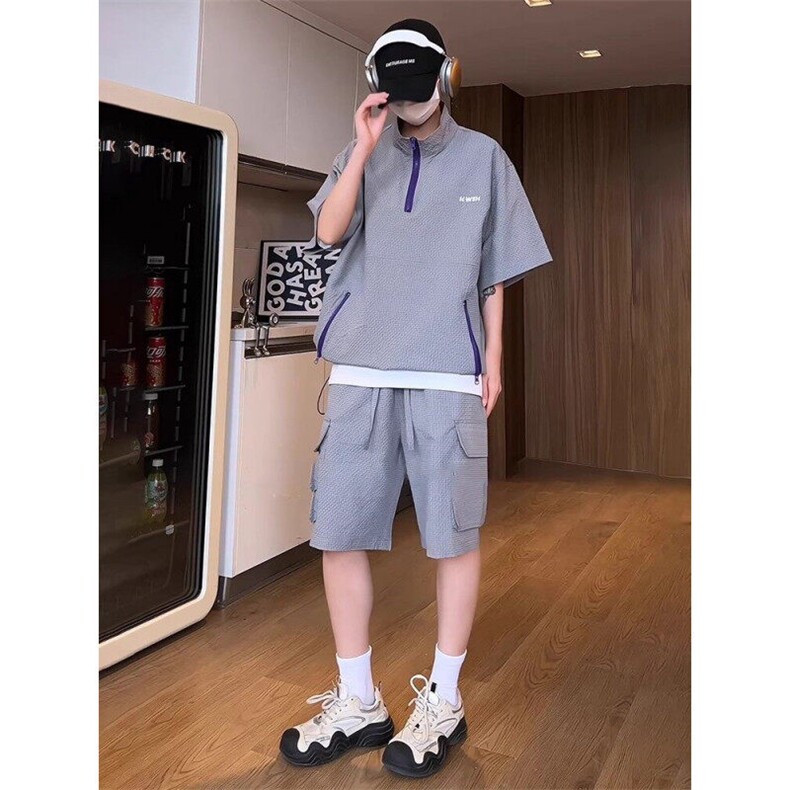 泡泡纱立领短袖短裤两件套男生夏季薄款速干休闲运动套装TZ115图片