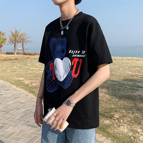 港风ins潮流体恤夏季小熊情侣短袖男大码宽松纯棉中袖T122P35控49，男装T恤，电商A089-1