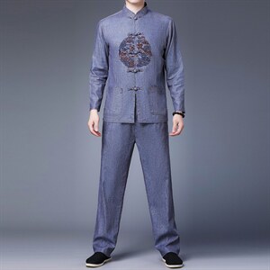 中式休闲外套两件套古风盘扣唐装男套装风春季对襟立领中山装，男装民族服装，电商B212（原钱塘6029）