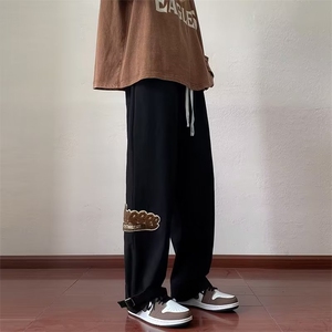 美式复古vintage裤男ins潮牌毛巾绣垂感直筒裤胖子大码阔腿长裤子图片