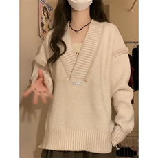 M28-P49秋冬新款慵懒风v领毛衣针织衫两件套百褶裙小个子奶系，男装针织衫/毛衣，电商B323A