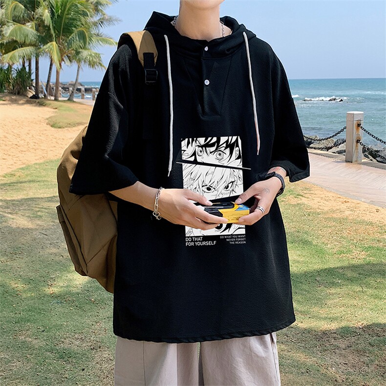 LD54176-P45 连帽短袖t恤男大码胖子带帽五分袖中袖图片