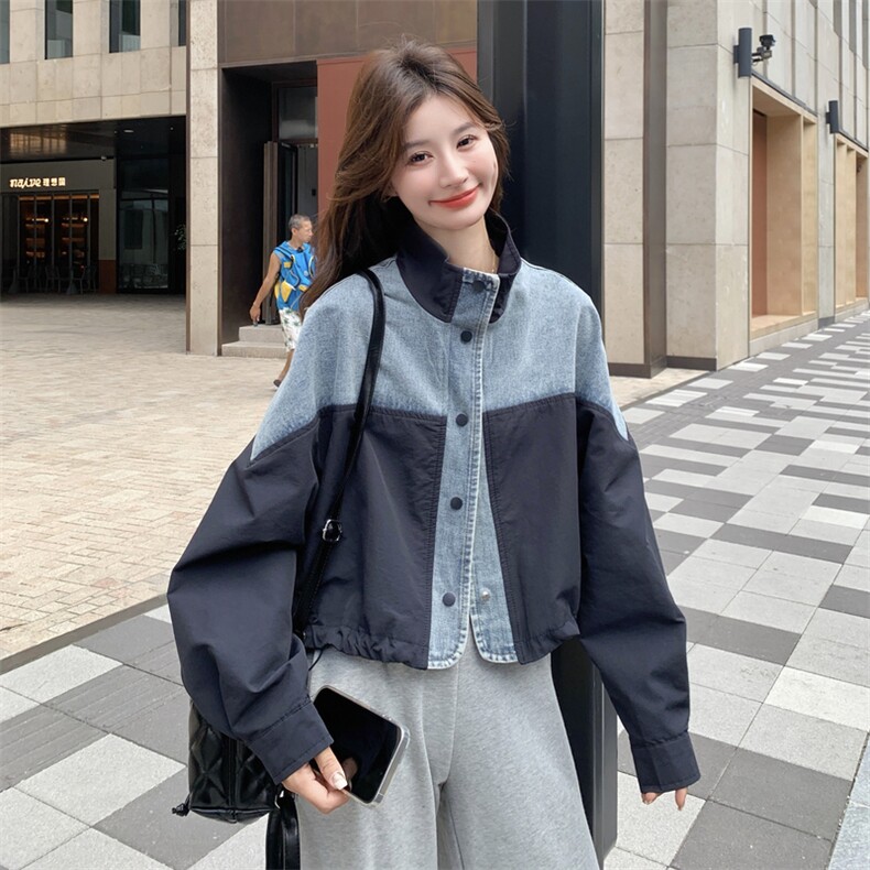 韩系撞色牛仔拼接外套女2025秋季新款超好看宽松百搭夹克上衣穿搭,女装短外套,2C170
