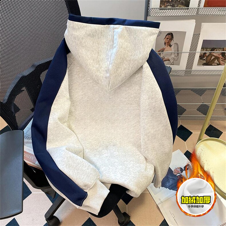 480G重磅加绒硬挺boxy男女秋冬美式高街结构拼接撞色卫衣厚外套,女装短外套,电商A486-1
