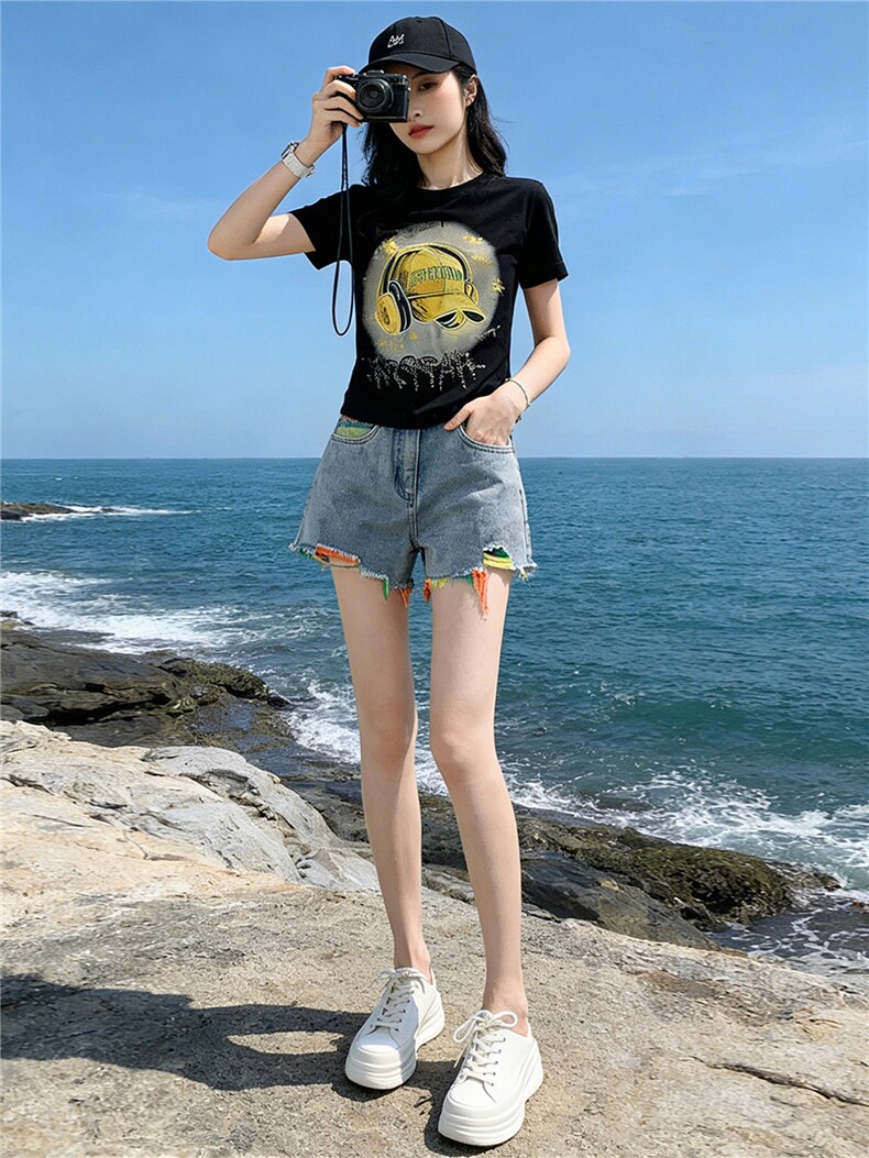 女夏季新款韩版运动休闲套装卡通印花圆领短袖宽松牛仔短裤两件套,女装套装/套裙,江南