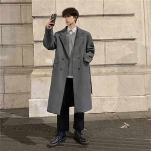 23028P128冬季男过膝毛呢大衣加厚潮流宽松韩版风衣中长款呢外套图片