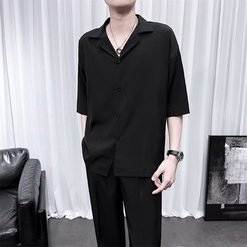 古巴领衬衫男短袖白色夏季潮牌高级薄款宽松休闲垂感冰丝衬衣 D9图片