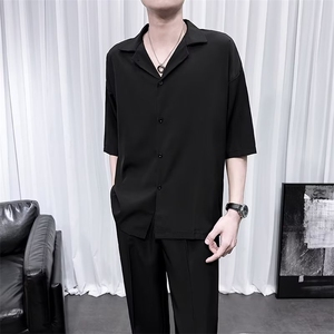 古巴领衬衫男短袖白色夏季潮牌高级薄款宽松休闲垂感冰丝衬衣 D9图片
