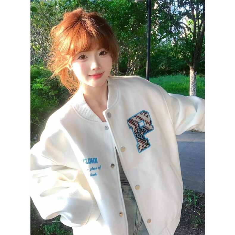 美式高街迷宫格民族风刺绣棒球服男女春秋高级感情侣夹克白色外套图片