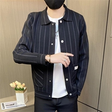 M3813-P68条纹翻领夹克开衫男春秋针织衫男士休闲薄款毛衣外套，男装针织衫/毛衣，电商D310B-1