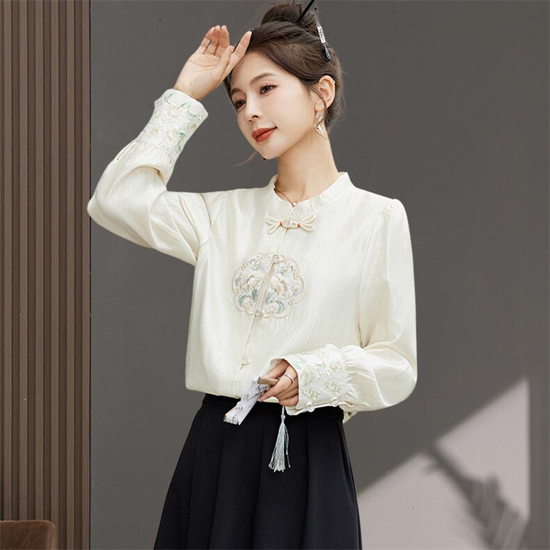 【现货8折】国风重工刺绣新中式衬衫马面裙上衣，女装衬衫，丽影随形