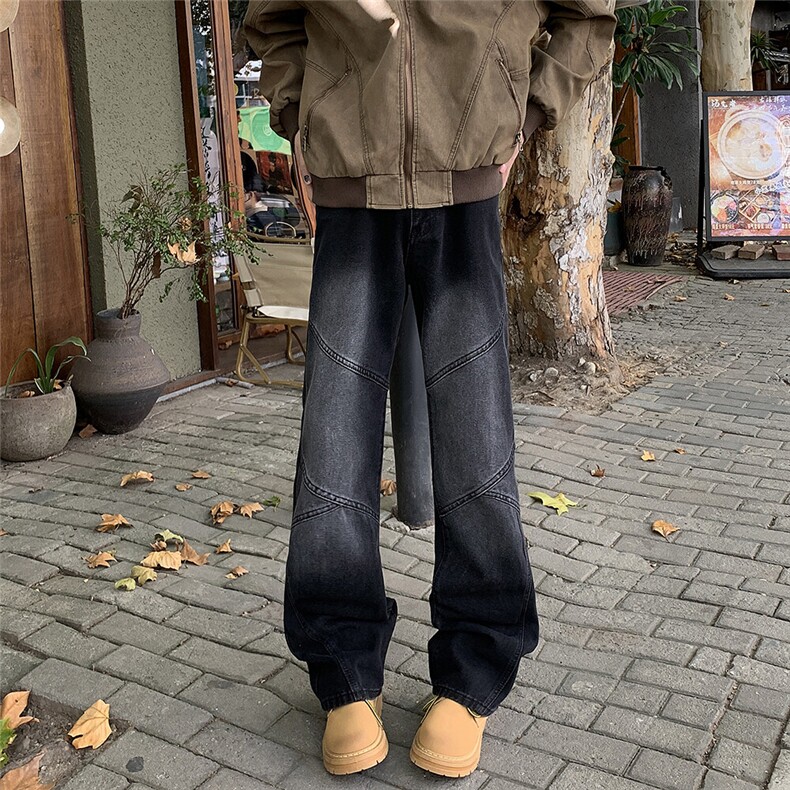 水洗春秋直筒阔腿裤潮小众拼接牛仔裤男款美式高街裤子长裤,男装牛仔裤,星座410-6（原星座1304-1）