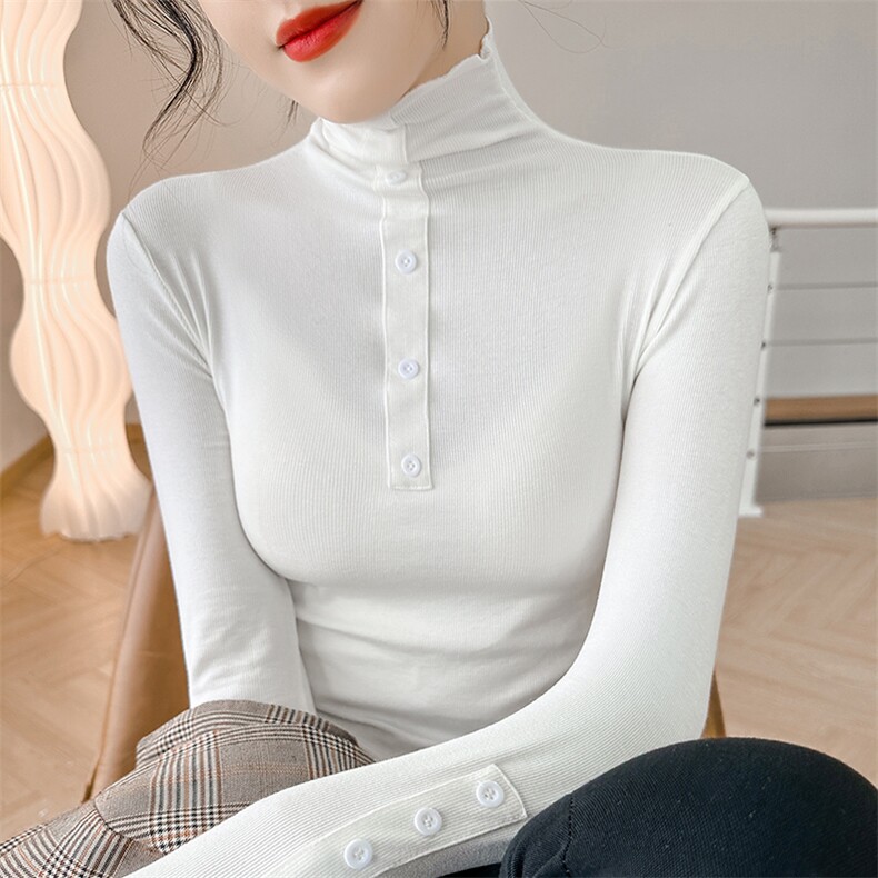 半高领T恤女2025春秋新款正肩纽扣外穿上衣,女装T恤,温伦斯特羊绒