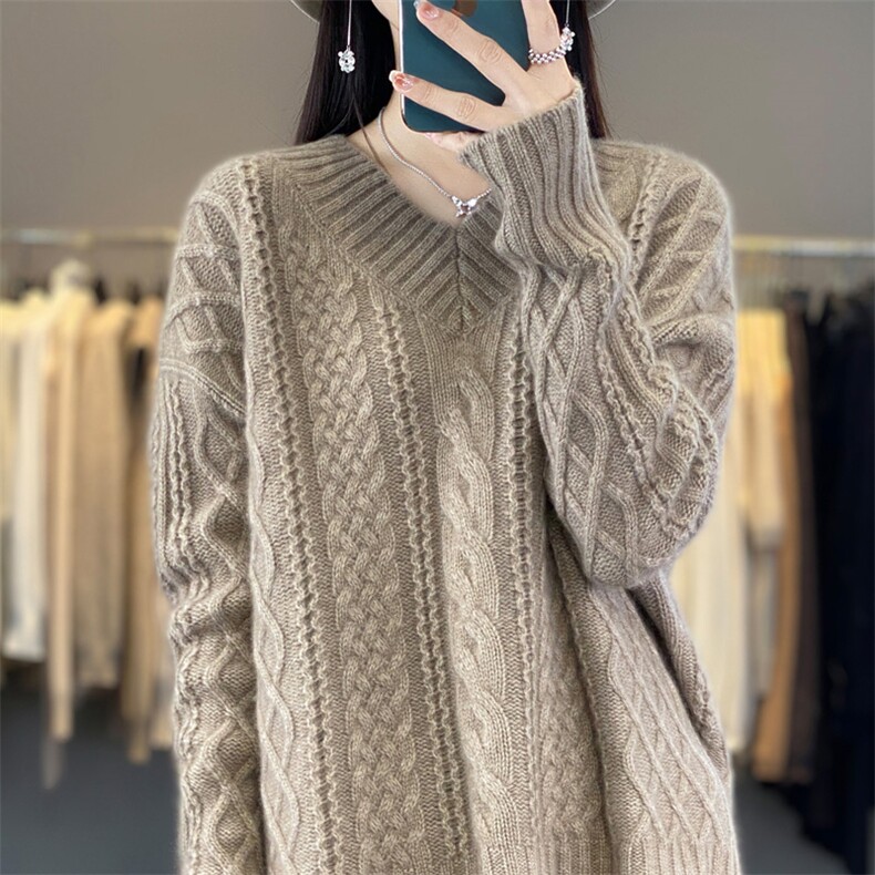 重磅加厚慵懒风羊毛衫女V领绞花毛衣秋冬新款宽松羊绒针织打底衫,针织衫/毛衣,艾驰羊绒