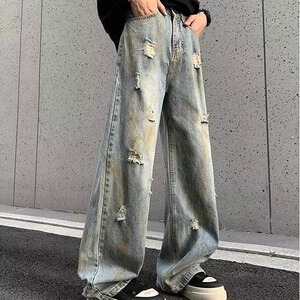 破洞牛仔裤男美式复古潮牌阔腿裤子夏季宽松直筒微喇长裤7049/P48图片