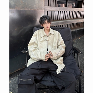 美式潮牌垫肩双拉链痞帅街头设计感立领皮衣夹克外套男JK080-P85图片
