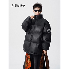 冬季美式PU皮羽绒服男士加厚情侣韩版ins潮流立领面包服宽松外套，男装羽绒服，星座715-4
