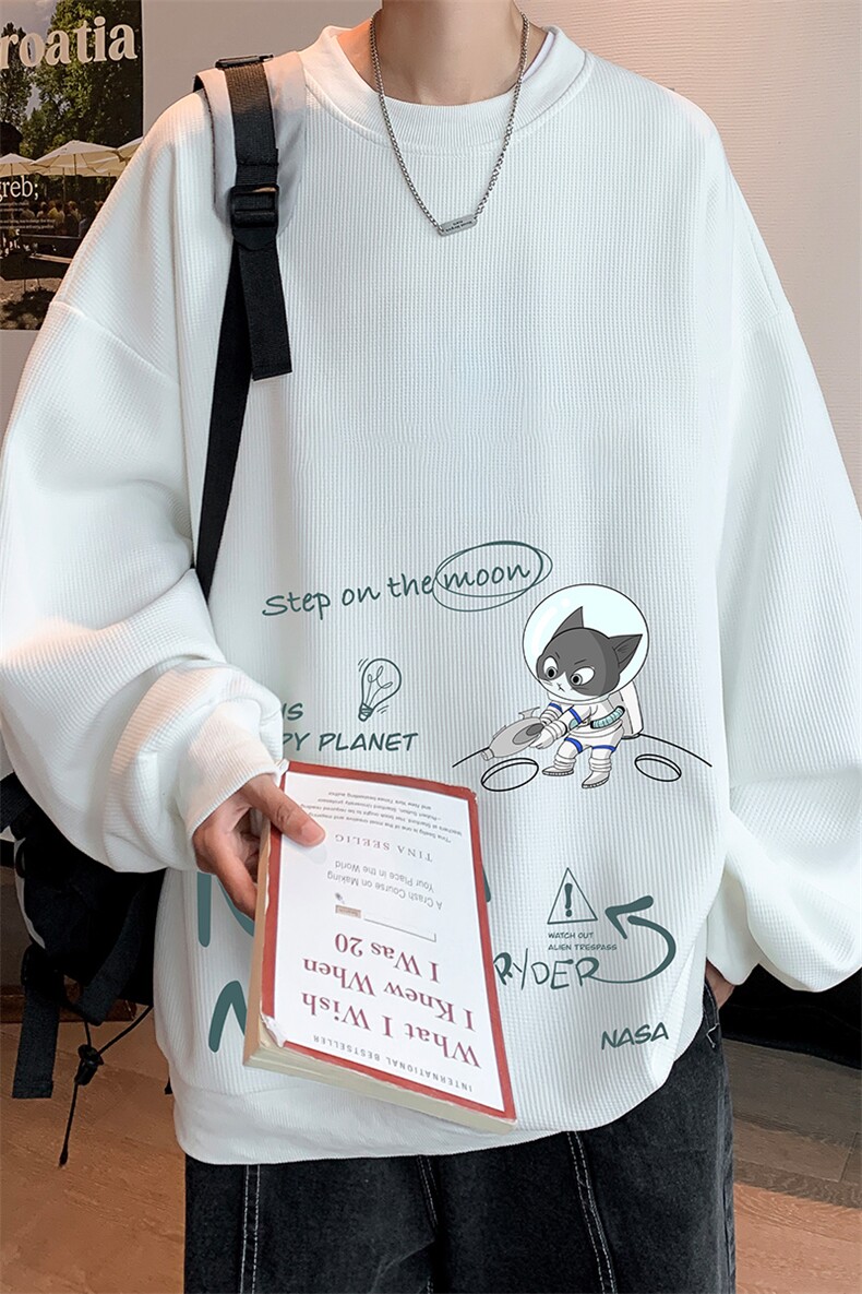 华夫格卫衣圆领卫衣男大码长袖t恤男外套HW76187-P30加绒款-P40,男装卫衣,电商A040