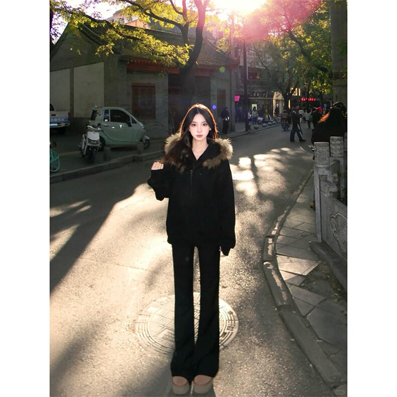 480G重磅加绒硬挺boxy秋冬美式高街超大毛领座山雕连帽卫衣厚外套，女装短外套，电商A486