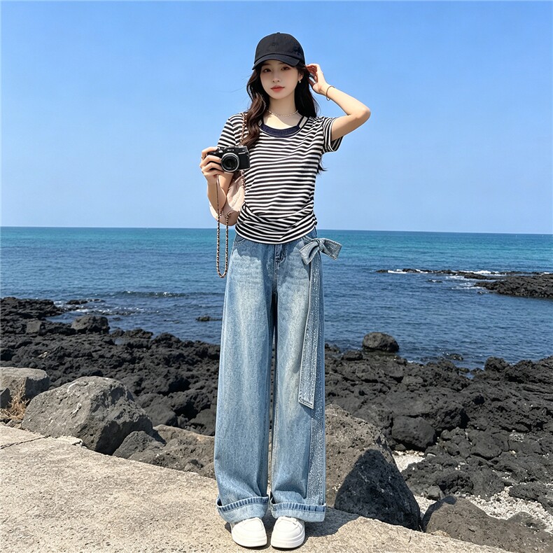 慵懒风时尚休闲套装女夏季新款圆领条纹短袖上衣烫钻牛仔裤两件套,女装套装/套裙,江南
