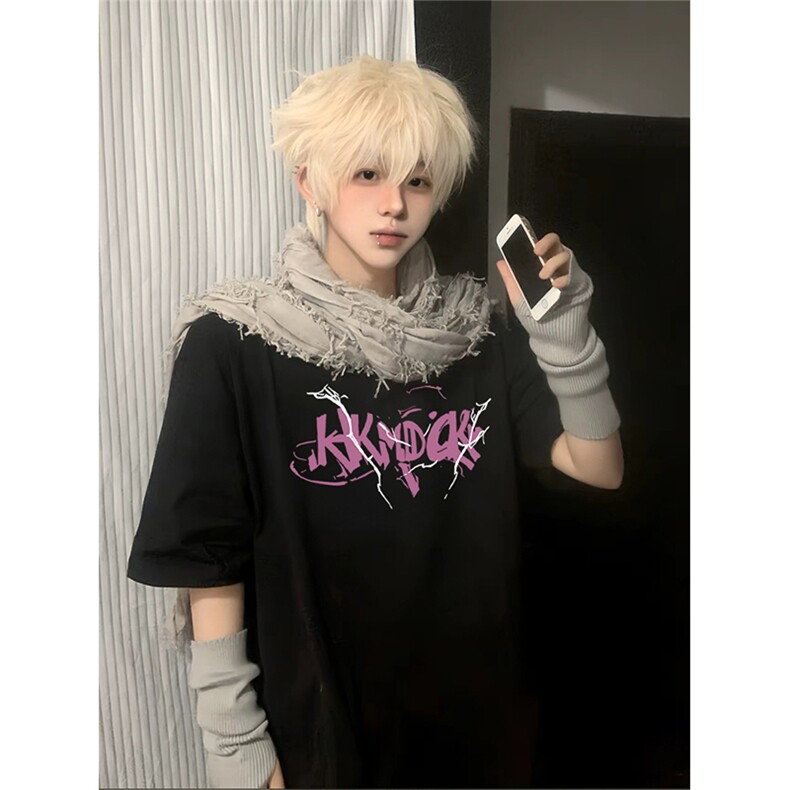 抖音得物供货210克现货宽松纯棉美式潮牌印花落肩袖纯棉T恤AT2114,男装T恤,电商A443
