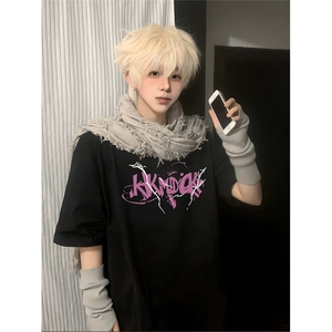 抖音得物供货210克现货宽松纯棉美式潮牌印花落肩袖纯棉T恤AT2114图片