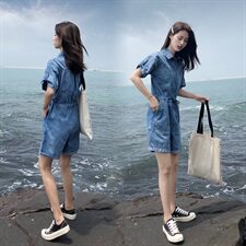 大货已出牛仔连体裤宽松阔腿裤收腰短裤16089601，女装牛仔裤，艾青服饰