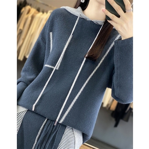 秋冬新款连帽抽绳100%羊绒衫女宽松拼色时尚慵懒羊毛针织打底上衣图片