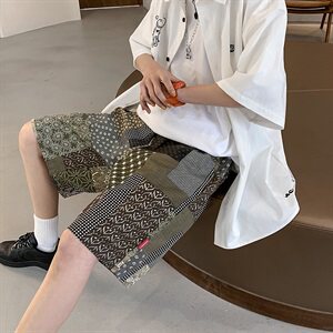 【】A003-HK7152-P40夏装新款补丁接拼碎花短裤 港风女模1图片
