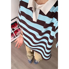 美式复古条纹polo短袖男夏季少年感小众小清新学院风衬衫翻领t恤，男装T恤，电商A022
