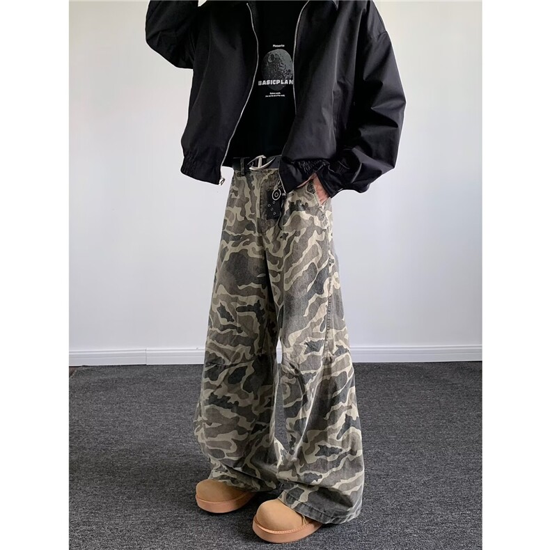 欧美街头复古宽松迷彩高街百搭直筒阔腿工装牛仔长裤CK1377-P61，男装牛仔裤，星座313A-2