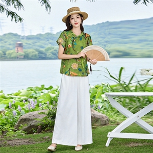 现货！夏季套装2026新款松弛感新中式盘扣上衣服女两件套端庄大气图片