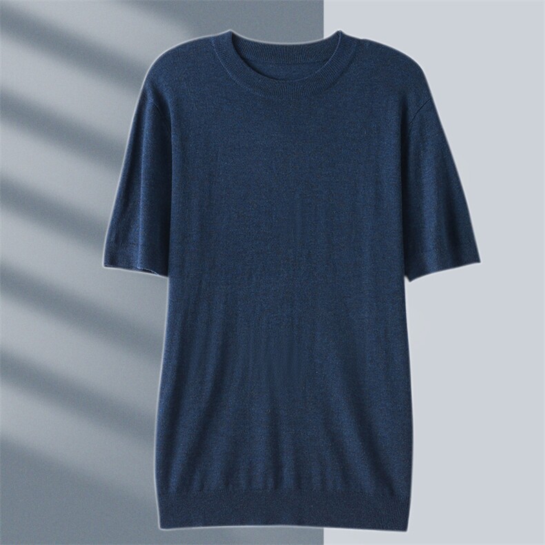 夏季休闲简约百搭纯色舒适圆领针织短袖，男装T恤，琳华羊绒