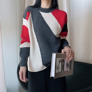 2024秋冬新款羊毛女士元宝针拼色羊毛衫图片