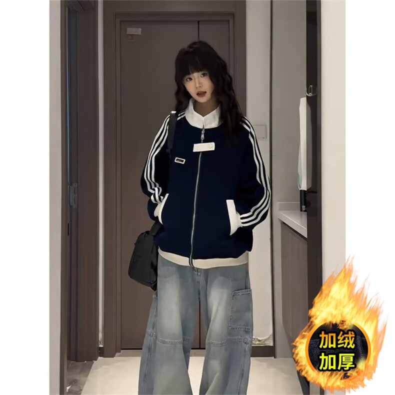 美式拼接运动卫衣女秋季新款潮牌休闲外套高街立领条纹棒球服潮图片